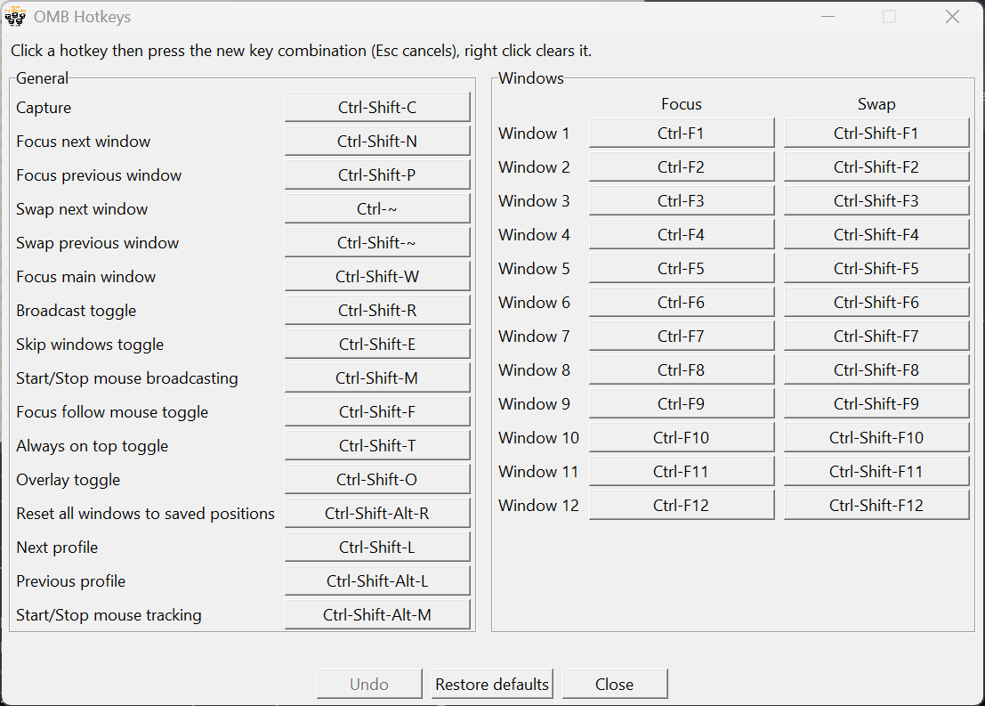 OMB Hotkeys window